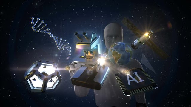 Robot, cyborg touching Future science, Spread the science of the future, Develop artificial intelligence, 4k animation.1.