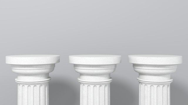 Exhibition stand, podium in the form of  classic Greek Doric pillars.  Minimalistic light background with copy space. 3d render illustration for advertising goods, products, museum expansions.