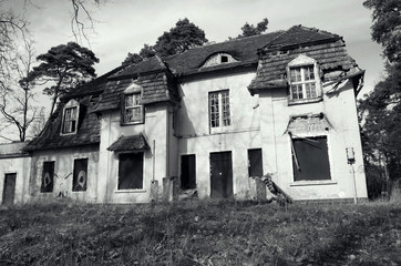 Altes Haus, Ruine in schwarz weiß - obrazy, fototapety, plakaty