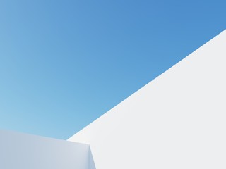 Architectural construction against the blue sky. 3d render illustration with copy space. Simple, stylish, popular architectural illustration for advertising, business, presentations, wallpapers.