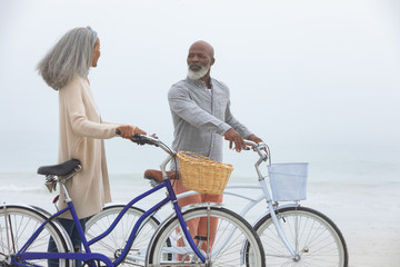 Obraz premium Couple holding bicycles by the beach