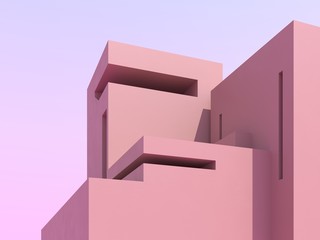 Architectural,conceptual, abstract composition on a bright pink background with copy space. Simple building for presentations, postcards, screensavers for phones and computers-3d render, illustration.