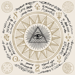 Vector banner with Eye of Providence. All-seeing eye inside triangle pyramid. Symbol Omniscience. Luminous Delta. Ancient mystical sacral illuminati symbol with magical inscriptions on beige backdrop