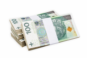 Bundles of polish 100 zloty banknotes. Isolated on white. Clipping path included.