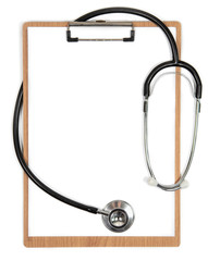 Stethoscope and clipboard with a blank white sheet of paper and copy space