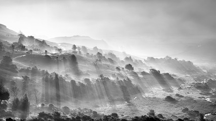 Beautiful Autumn Fall landscape sunrise in the Lake District with sun rays streaming through the fog into The Langdales valley