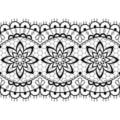 Retro seamless lace vector design - black and white detailed vector wedding lace pattern with flowers and swirls, symmetric ornament 