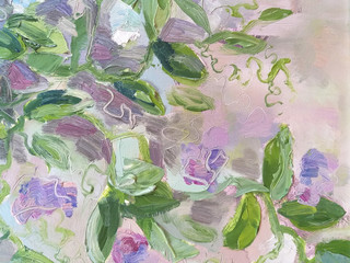 Beautiful background with leaves and flowers of blooming peas. Oil painted peasblossom wallpaper.