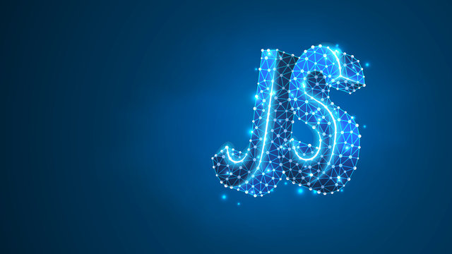 Java Script coding language text. Device, programming, developing concept. Abstract, digital, wireframe, low poly mesh, vector blue neon 3d illustration. Triangle, line, dot
