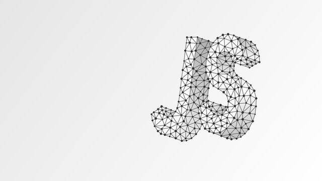 Java Script coding language text. Device, programming, developing concept. Abstract, digital, wireframe, low poly mesh, vector white origami 3d illustration. Triangle line dot