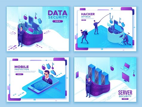 Cyber security 3d isometric vector illustration set, data protection concept, firewall attack, phishing scam, mobile information safety , server safety, smartphone, laptop, computer, bank card