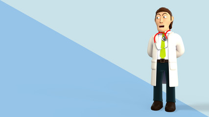 Cartoon 3d doctor with a stethoscope making a surprised face on a blue diagonal splitted background 3d rendering