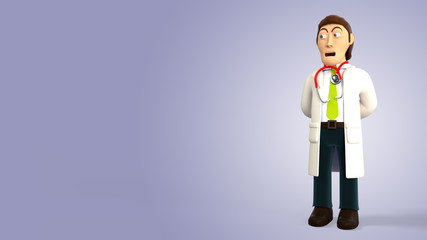 Cartoon 3d doctor with a stethoscope making a surprised face on a purple gradient background 3d rendering