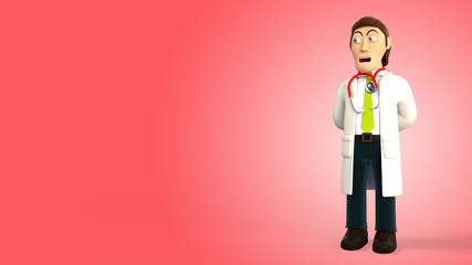 Cartoon 3d doctor with a stethoscope making a surprised face on a red gradient background 3d rendering