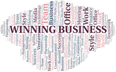 Winning Business word cloud. Collage made with text only.