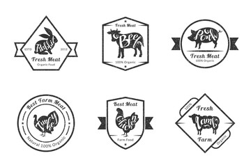 Organic Fresh Meat, Premium Quality Retro Cattle Logo Templates Set, Badges for Butchery, Meat Shop, Packaging or Advertising Vector Illustration