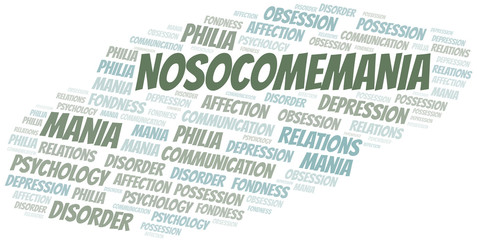 Nosocomemania word cloud. Type of mania, made with text only.