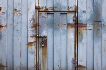 Metal door rusty corroded texture background. cracked color paint with lock.