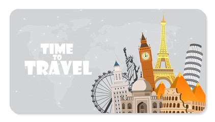 Travel to World. Road trip. Big set of famous landmarks of the world. Time to travel, tourism, summer holiday. Different types of journey. Flat design vector illustration