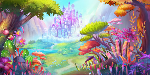 Het bos en het kasteel. Berg en rivier. Fictie achtergrond. Concept kunst. Realistische illustratie. Videogame digitaal CG-kunstwerk. Natuur landschap.