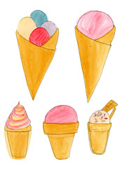 Ice cream hand-drawn watercolor illustration isolated on white background