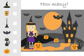 How many counting game, halloween picture for kids, educational maths task for the development of logical thinking, preschool worksheet activity, count and write the result, vector illustration