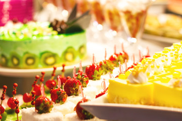 Showcase with  many cakes, traditional food.