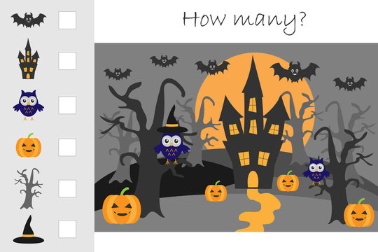 How many counting game, halloween for kids, educational maths task for the development of logical thinking, preschool worksheet activity, count and write the result, vector illustration