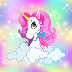 Unicorn head portrait on bright rainbow sky space