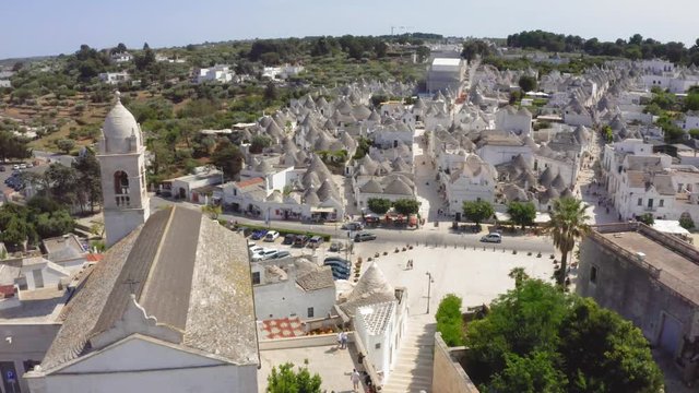 Aerial view of Alberobello Trulli near Bari in Puglia, Italy, Europe. Drone shot / bird's view.