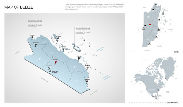 Vector set of Belize country.  Isometric 3d map, Belize map, North America map - with region, state names and city names.