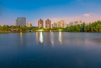 Fototapeta na wymiar Lakeside View at Daning Tulip Park, Shanghai, China