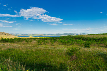 Blue sky with white clouds, fields and meadows with green grass, on the background of mountains. Composition of nature. Rural summer landscape.