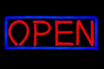 Typical "OPEN" restaurant neon sign on black isolated background. Blue and red neon sign. Neon concept. Modern style. Neon sign.