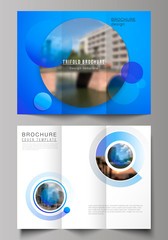 The minimal vector illustration of editable layouts. Modern creative covers design templates for trifold brochure or flyer. Creative modern blue background with circles and round shapes.