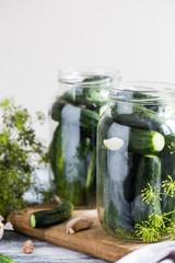 cucumbers, spices and herbs in a preservation jar. Homemade vegetable canning.