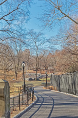 New York Central Park empty road in winter time