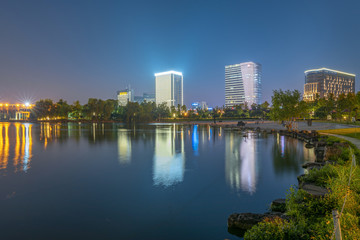 Fototapeta premium Lakeside View at Daning Tulip Park, Shanghai, China
