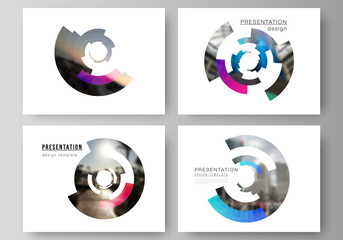 Minimalistic abstract vector illustration of editable layout of the presentation slides design business templates. Futuristic design circular pattern, circle elements forming geometric frame for photo