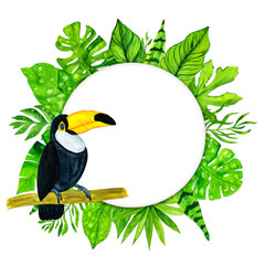 Watercolor tropical leaves frame and toucan on white background