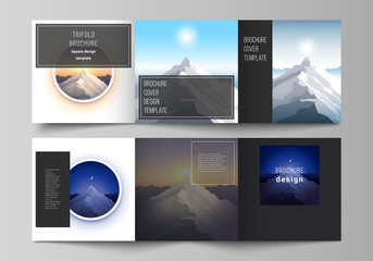 Minimal vector editable layout of square format covers design templates for trifold brochure, flyer, magazine. Mountain illustration, outdoor adventure. Travel concept background. Flat design vector.