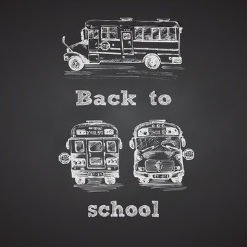 Hand drawn school bus symbol on black chalkboard. With text Back to school. Vintage background. Retro design