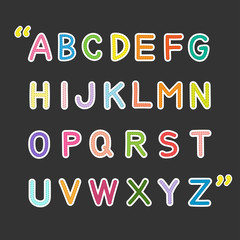 A to Z  hand drawn kids style letters with brown dashed lines , cute font and colorful uppercase alphabet on chalkboard background.