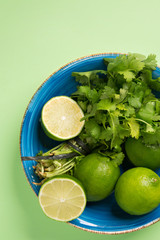 blue plate with lemons and parsley