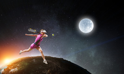 Obraz na płótnie Canvas Young woman playing tennis. Mixed media
