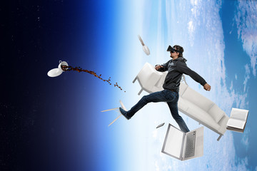 Fototapeta na wymiar Virtual reality experience, technologies of the future. Mixed media
