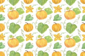 Original hand drawn watercolor pumpkin repeat pattern for autumn celebrations, ornament on the white background, healthy food element useful for halloween party decoration