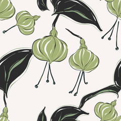 Botanical pattern with tender green pastel fllowers and leaves. Summer bouque collection. Ditsy  simple floral texture.  Green black drawing sketch art