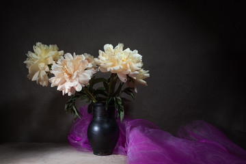 Still life peonies- cloth drapery