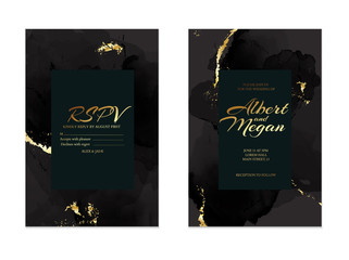 Black gold save the date rsvp  card. Wedding invitation lettering with alcohol ink splas. Liquid flow vintage template with golden foil elemtns. Modern business set